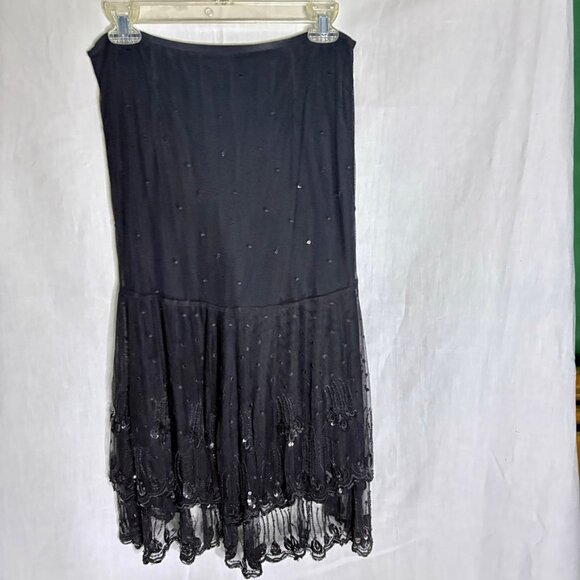 Odille Black Hi-Low Beaded Lace 2-tiered Skirt Size 4 Fitted Waist Fancy Evening - Picture 5 of 16